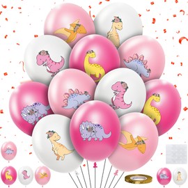 HYOWCHI 36 Pcs Dinosaur Birthday Party Supplies Balloons for Girl, Pink Dino Theme Dinosaur Party Decorations Latex Balloons Set for Birthday Baby Shower