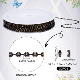SOFPLATE 30 Feet/9M 1.5mm Brass Ball Chain Dog Tag Bead Chain Small Round Faceted Ball Gunmetal Pull Soldered Metal Roll Link Chains Connectors for Jewelry Making Necklace Bracelet Supplies DIY Crafts