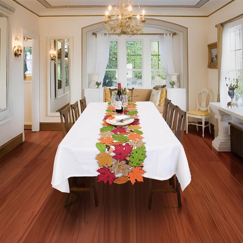 Simhomsen Embroidered Fall Autumn Thanksgiving Multi-Color Leaves Table Runner (14