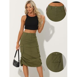 Allegra K Cargo Skirt for Women's Y2K Adjustable Casual A-Line Midi Long Denim Skirt Small Army Green