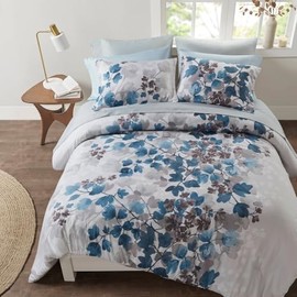 6 Piece Bed in a Bag Floral Comforter Set Twin XL Size with Sheets Pretty Botanical Pattern | All Seasons Beautiful Blue/Grey/Ivory Color Aesthetic Bedding Soft Plush Cozy Luxury Warm Feel