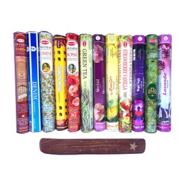 Indian 12 Incense Sticks and Wood Incense Stand Set Assorted Pack Aroma