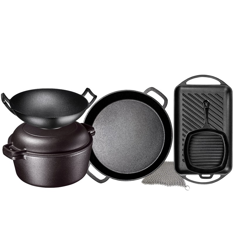 Pre Seasoned Cast Iron 7 Piece Bundle Gift Set, Double
