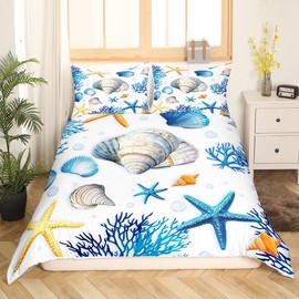 Summer Beach Kid Duvet Cover Set King Size,Starfish Coral Shell Marine Life Ocean Bedding Set,Girls Women Room Decor,Conch Lake House Cabin Sea Blue Dreamy Quilt Cover,2 Pillowcases(No Comforter)