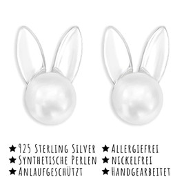 Monkimau Rabbit Stud Earrings 925 Sterling Silver with Synthetic Pearl, Sterling Silver