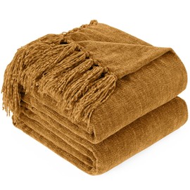 GINAMUSE Chenille Throw Blanket for Couch with Tassels,50"X60" Soft Cozy Lightweight Knitted Boho Decorative Blankets for Bed and Sofa,Yellow