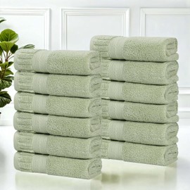 Superior Venice Zero Twist Cotton Medium Weight Small Towels, for Kitchen, Bathroom, Shower, Spa, Plush Essentials, Ribbed Textured Border, Face Towels Washcloths, Set of 12, Green