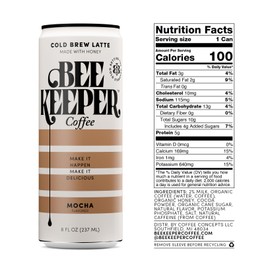 Beekeeper Coffee Cold Brew Mocha Latte with Organic Oregon Honey, 8 fl oz cans (Pack of 12), Ready-to-Drink, 125mg Natural Caffeine