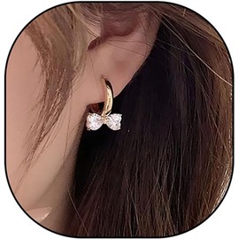 Women's Hypoallergenic Bow Earrings Gold Plated Huggie Hoop Earrings for Sensitive Ears∣Dainty Small Bow Stud & Dangle Drop Design∣Cute Ribbon Crystal Rhinestone Jewelry Gift for Her(Coquette Style)