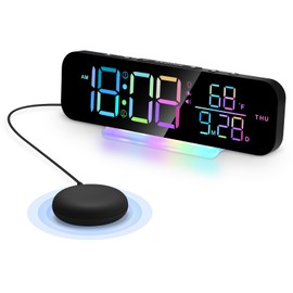 Loud Vibrating Alarm Clocks for Heavy Sleepers/Hear Impaired/Deaf, Large LED Digital Display Alarm Clock with Bed Shaker, Dual Alarm Clock Bedside with 7-colour Night Light, 8 Display Colours(Black)