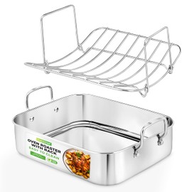 NutriChef Premium Stainless Steel Roasting Pan with Rack – Heavy‑Duty 14″ Turkey Roasting Pan for Turkey, Chicken & Meats (Wide Handles, Dishwasher Safe)