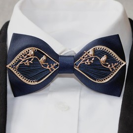 Yongchuantie Bow Ties for Men Self-tie Gold Bird Pattern Bowtie for Wedding Party Business Prom Daily Wear Handmade (Navy Blue)