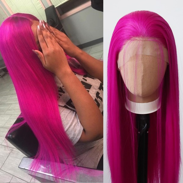 Towarm Long Straight Rose Red Lace Front Wig Synthetic Wig for Women Middle Part Hot Pink Glue Free High Temperature Fiber Daily Wear Wig (Rose Red, Straight)