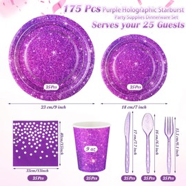 Hushee 175 Pcs Purple Holographic Print Party Disposable Dinnerware Set Include 50 Paper Plates, 25 Napkins, 25 Cups, 25 Plastic Forks, 25 Knives, and 25 Spoons for Guest Holiday Wedding