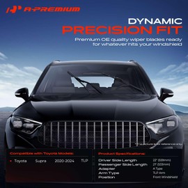 A-Premium Pack of 2 Windshield Wiper Blades with Wear Indicator & Towel - Compatible with Toyota Supra 2020-2024 - 22" and 21", TLP Arm Connector, Left and Right