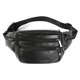 OrrinSports Black Leather Fanny Pack for Men & Women, Fashionable Multi-Pockets Waist Belt Bag for Travel Sports Hiking Cycling Fishing Running