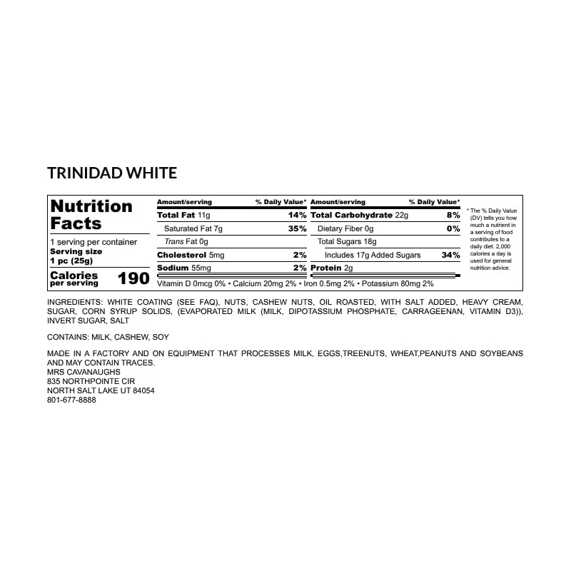 Mrs. Cavanaugh’s 1 lbs 12 oz Trinidad (Caramel & Cashew)