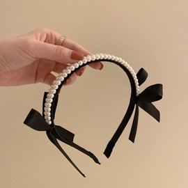 Pearl Bow Headband for Women Headband Accessories for Girls Black Headband with Bow Knot Beaded Hair Bands for Women's Hair Non Slip Ribbon Head Band Valentine's Day Hair Hoop Decorative Headbands (Pearl, One size)