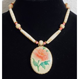 Vintage Pink Flower Porcelain Cameo Pendant Coral Necklace Earrings One of a Kind