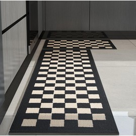 GIB Kitchen Rugs Mats for Floor Set of 2, Non Slip/Skid Kitchen Runner Rugs, Super Absorbent Machine Washable Soft Standing Mats for Kitchen Decor Laundry Sink, Black Cream Checkered