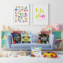 COZZSNUGE Back to School Throw Pillow Covers, School Bus Pencils Educational Decorative Pillowcases for Sofa Bed Home Kids Room Classroom Set of 4, 18 x 18 Inches