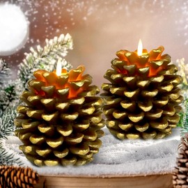 Zhitaoxun Pinecone Candles Flameless,Pine Cone Flameless Flickering Candles, Battery Operated Flameless Candles with Timer,Christmas Home Party Decoration (2)