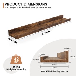 Fun Memories Picture Ledge Shelves Set of 2, 32 Inch Rustic Wall Mounted Floating Shelves with Lip for Home Storage and Décor in Bathroom, Kitchen, Nursery, Bedroom, Living Room, Brown