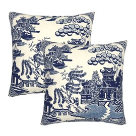 Mahito Pack of 2 Throw Pillow Covers Ancient China Blue Willow Chinoiserie Throw Pillow Case Soft Velvet Decorative Home Decor 18 x 18-Inch 13652 Pillow Cover