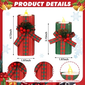 Baquler Set of 4 Christmas Tealight Candle Holders with LED Tealights Wooden Xmas Tealight Candle Holder Decorations Buffalo Plaid Red Green Votive Candlestick for Christmas Tabletop Centerpiece Gifts