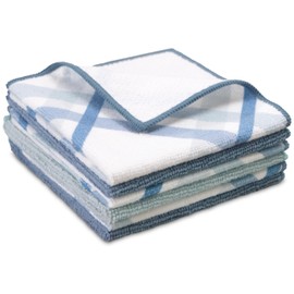 S&T INC. Dish Cloths for Washing Dishes, Microfiber Cleaning Cloth for Home, Blue/Plaid, 12 Inch x 12 Inch, 6 Pack Includes 3X Dish Scrubber, 3X Solid Cloths
