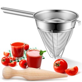 SiliFine Stainless Steel Reinforced Bouillon Strainer Sieve Strainer Cone Fine Mesh Strainer with Handle and Wood Pestle for Kitchen Food Cooking (8 Inch)