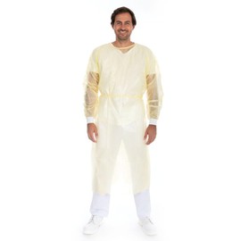 Hygonorm Eco Gowns with Neck Tie | PP, PE Partially Laminated, Yellow, L, L: 115 cm, Circumference: 140 cm, Non-Woven Coat, Surgical Gown, Disposable Gown with Cuffs, Protective Gown / Visitor Gown