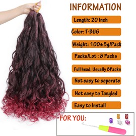 EFFGOCO French Curl Braiding Hair 20 Inch Ombre Burgundy Curly Braiding Hair 8 Packs Pre Stretched Bouncy Loose Wave French Curls Crochet for Women (20 Inch, T/BUG)