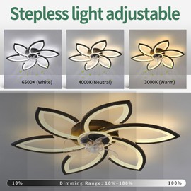 Ruibutrade 30inch Black Flower Modern CeilingFans with Lights, Low Profile Ceiling Fan with Remote for bedroom, Flush Mount Ceiling Fan with LED Dimmable Light,6-Speeds, Timing Ceiling Fan Light