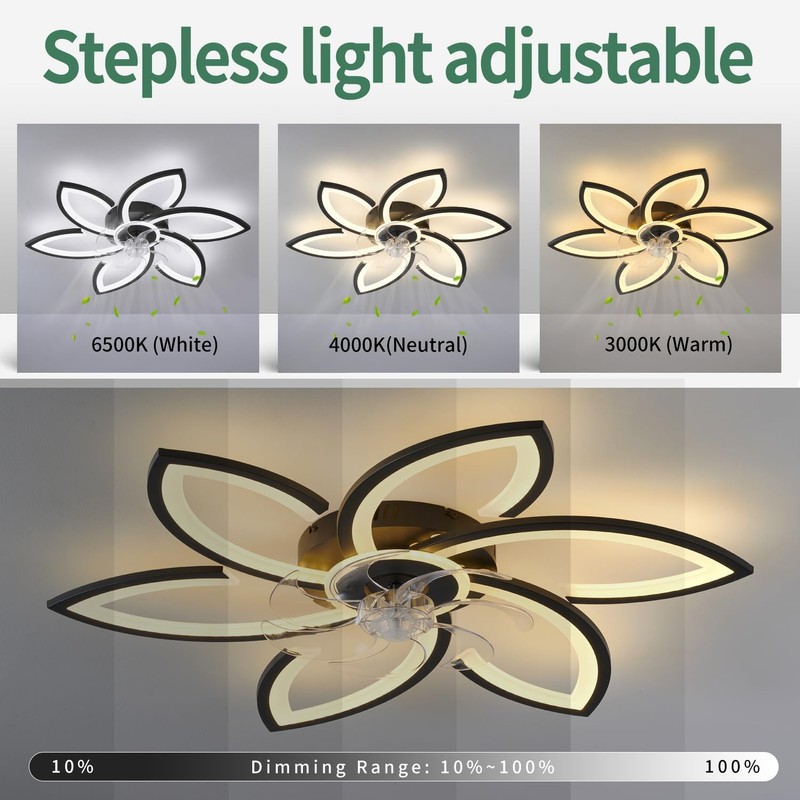 Ruibutrade 30inch Black Flower Modern CeilingFans with Lights, Low Profile
