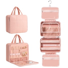 HBlife Travel Toiletry Bag with Jewelry Organizer for Women, Puffy Hanging Travel Bag for Toiletries with Trolley Belt, Waterproof Makeup Cosmetic Bag Organizer, Travel Accessories Essentials(Pink, L)