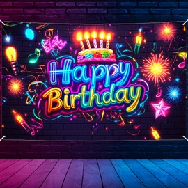 Qpout Glow in the Dark Neon Birthday Background, 5.9 ft x 3.6 ft Party Banner for Neon Birthday Decorations, Perfect for Photo Booth and Party Supplies