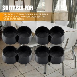 4Pcs Double 1" Chair Table Leg Caps 50s 60s Diner Kitchen Table Tip Cap Pipe Formica Chairs Leg Tips for Retro Double-Tube Furniture Pads Foot End Caps Covers Protectors Black
