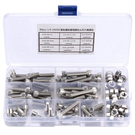 Tissting 90pcs 1/4-20UNC Hex Socket Cap Head Bolts, Stainless Steel Hex Screw Assortment Hex Socket Screws Assortment Kit with Storage Case for Various Machine Tools