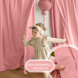 House Bed Canopy Decoration Set, Bed Canopy House Bed Made of Muslin - 2 Bed Canopies & 1 Bunting for Boys Girls Decoration for Children's Room, Canopy Children's Room Decoration I 67 x 270 cm Pink