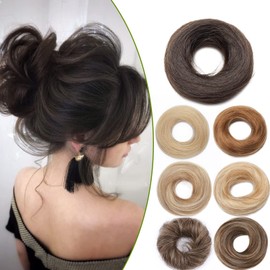 S-noilite Human Hair Messy Hair Bun Extension Updo Donut Scrunchie Hair Bun Hair Piece 100% Real Hair Elegant Chignon Bun Hairpiece Straight Hair Bun Extensions for Women(Straight,Dark Brown)