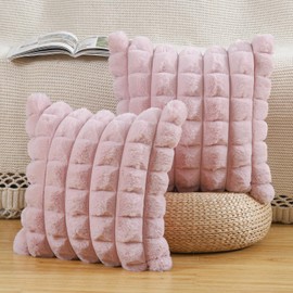 Madizz Set of 2 Faux Fur Plush Decorative Cushion Covers Striped Soft Decorative Cushion Cover for Sofa Bedroom Cushion Shell Pink 40 x 40 cm