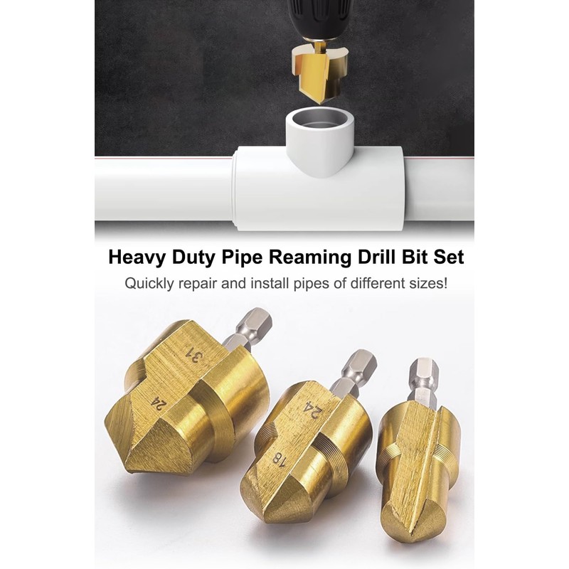 Saipor 3pcs Heavy Duty Pipe Reaming Step Drill Bit Set