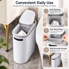 Slim Trash Can with Press-Top Lid for Small Spaces – 12L Narrow Waste Bin for Kitchen, Bathroom, Bedroom & Home