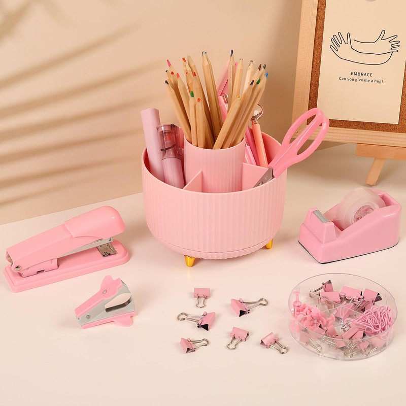 SKYDUE Pink Desk Accessories 10Pcs, Rotating Pen Holder for Desk,