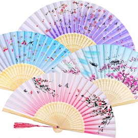 Zonon Zonon 4 Pack Handheld Floral Folding Fans Hand Held Silk Bamboo Fans with Tassel Women Hollowed Hand Foldable Fan with Fabric Sleeve for Dancing Wedding Decoration Gifts(Classic)