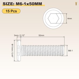 METALLIXITY Flat Head Hex Socket Cap Screws Bolts(M6-1x50) 15Pcs, Steel Hex Socket Furniture Bolts Countersunk Screws - for Furniture Woodworking Project, Black