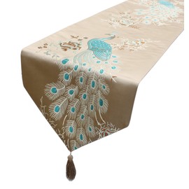 MAGILONA Home Tablecover Decorative Luxurious Cotton Linen Embroidered Floral Pattern Table Runner with Tassel Dining Party 13x83 In (Brown)