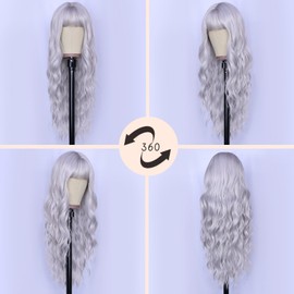 NAYOO Gray Wigs with Bangs for Women Long Curly Wavy Hair Wigs Heat Resistant Synthetic Fiber Wigs for Daily Party Use 26 Inches (Silver Gray)