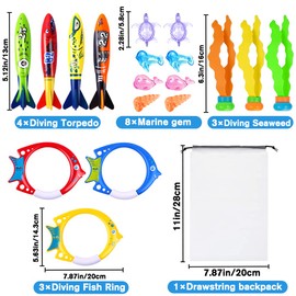 DIYDEC 18pcs Diving Pool Toys, Swimming Pool Toys Set with Diving Rings, Diving Torpedo, Diving Seagrass, Marine gem Underwater Training Diving Game Toys for Kids Summer Swimming Pool Party